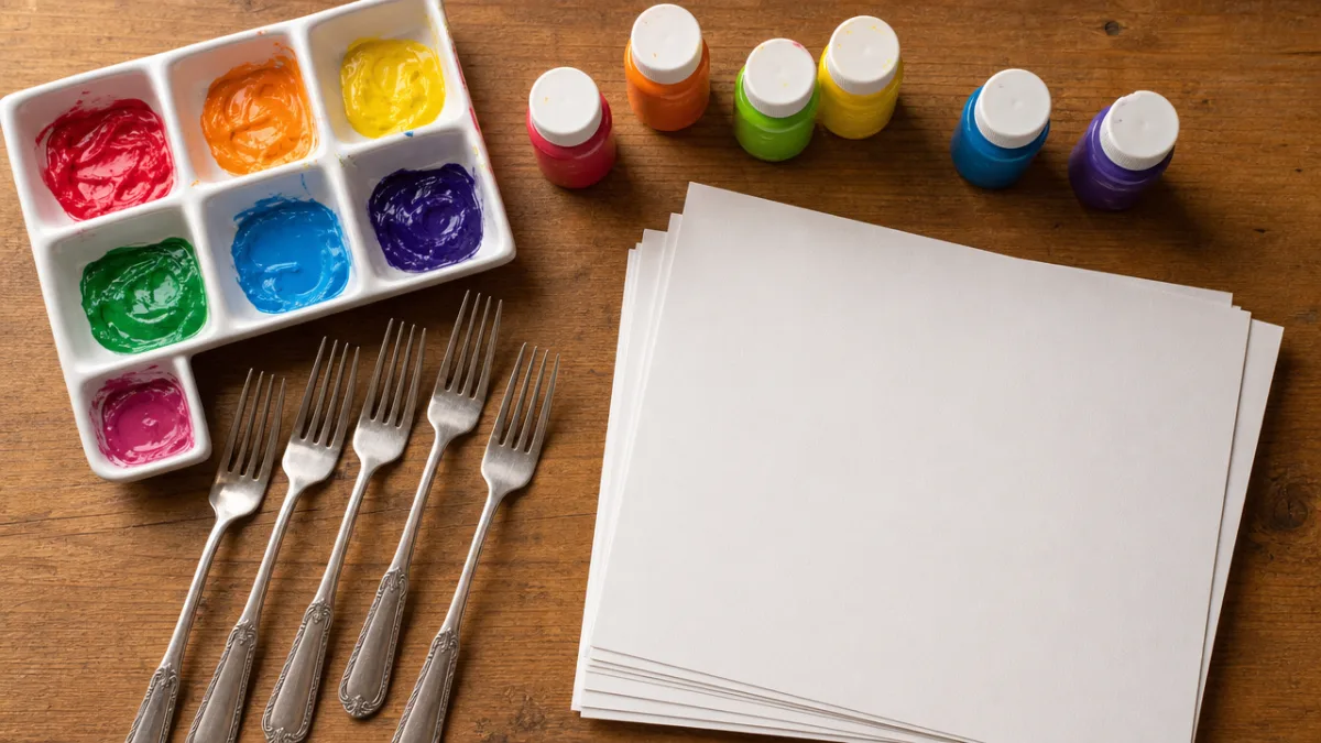 a flat lay of colorful paints, forks, and white cardstock on a…