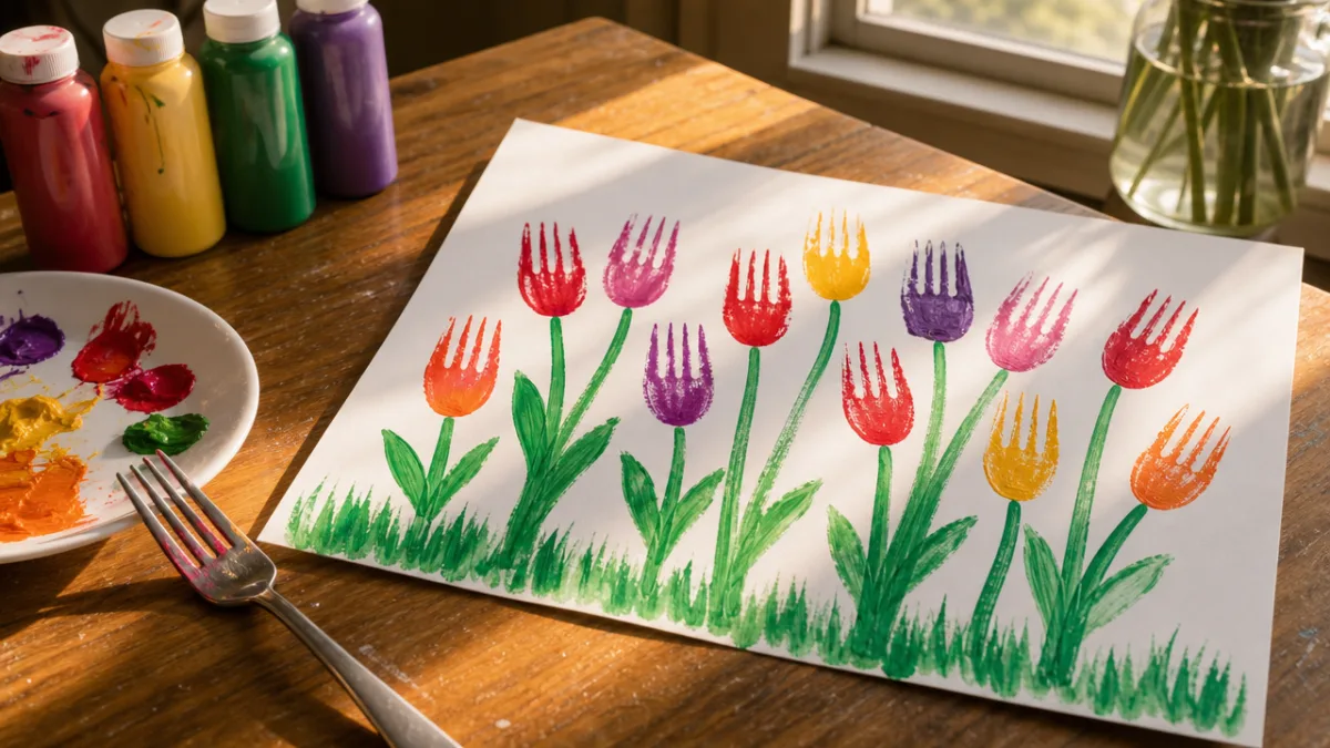 colorful fork-stamped tulip artwork drying on a wooden table, soft afternoon light…