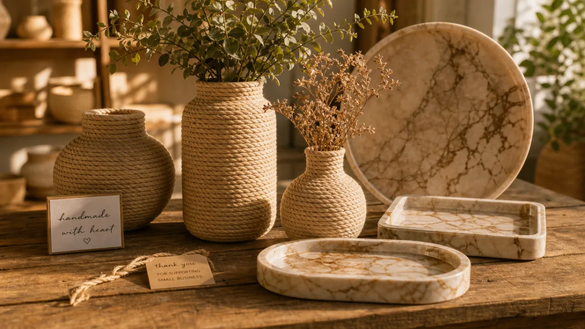 a rustic wooden table displaying handmade rope vases and faux marble trays,…