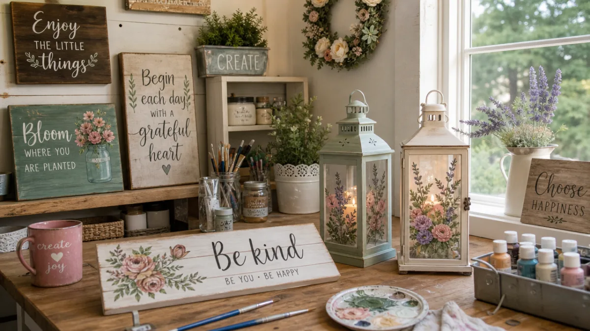 a cozy craft workspace with painted wooden signs and floral lanterns, soft…