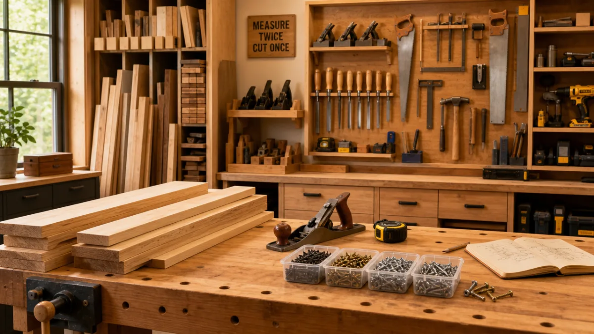 a well-organized woodworking workshop with lumber, tools, and screws laid out on…