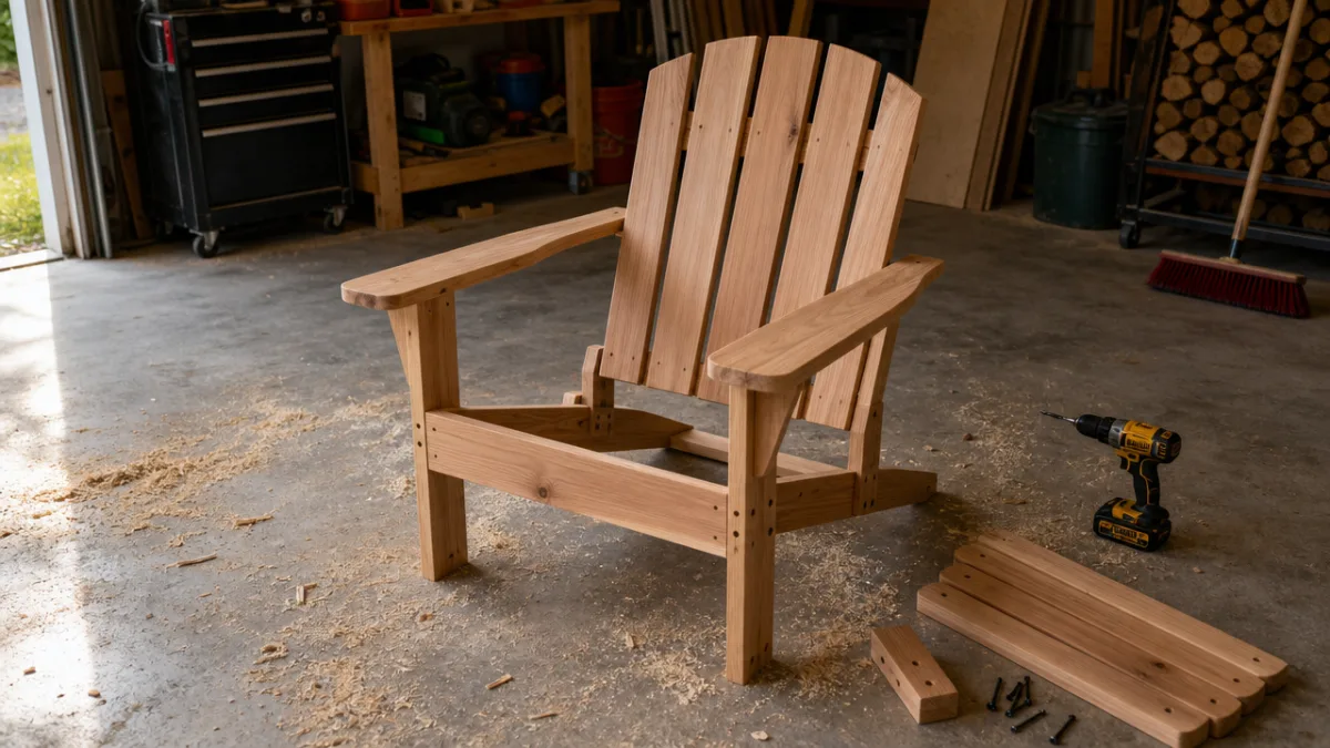 a partially assembled wooden outdoor chair on a garage floor, sawdust scattered…
