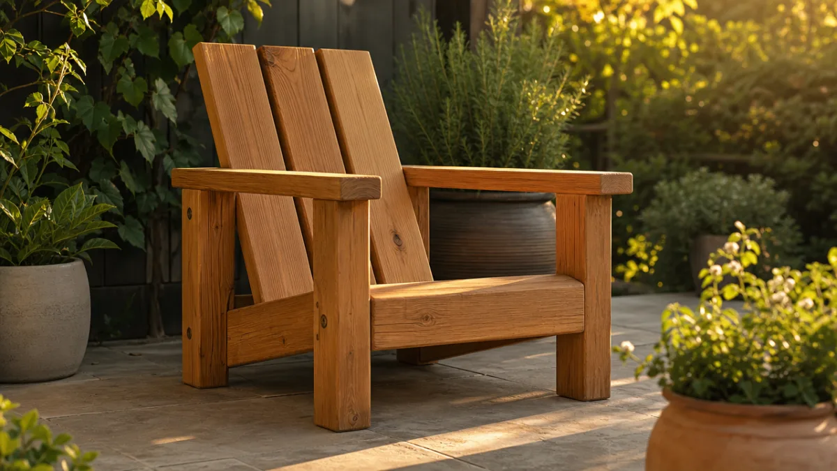 a finished chunky wooden outdoor chair on a sunlit patio surrounded by…