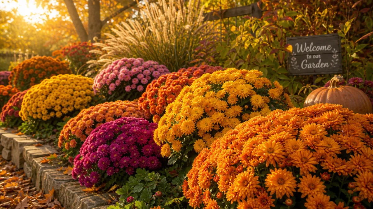a lush autumn garden bed filled with vibrant chrysanthemum blooms in warm…