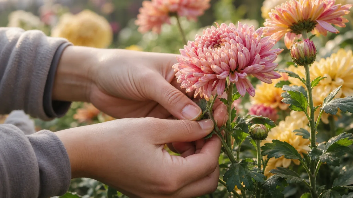 close-up of hands gently pinching chrysanthemum stems in a garden, soft natural…