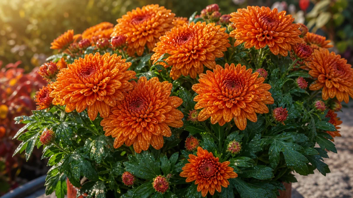 a healthy chrysanthemum plant with rich deep orange blooms glistening with morning…