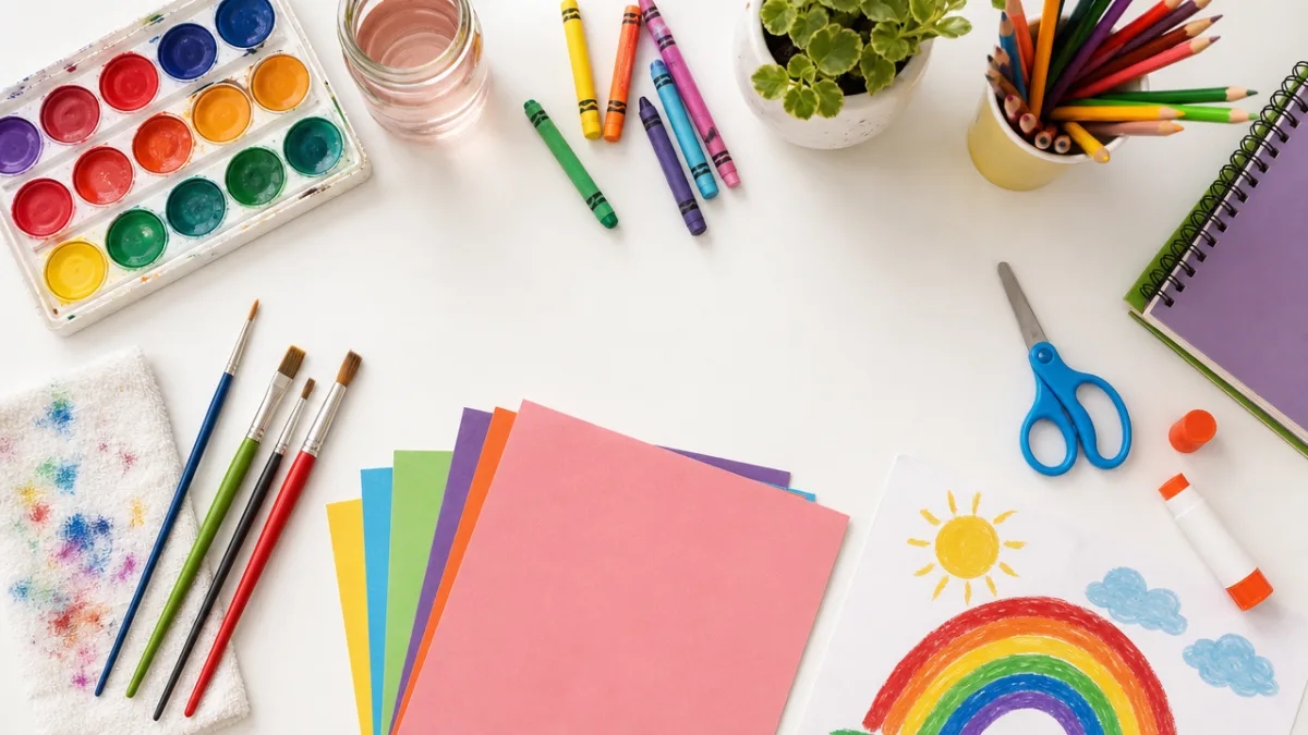 a flat lay of colorful children's art supplies including paint, brushes, and…