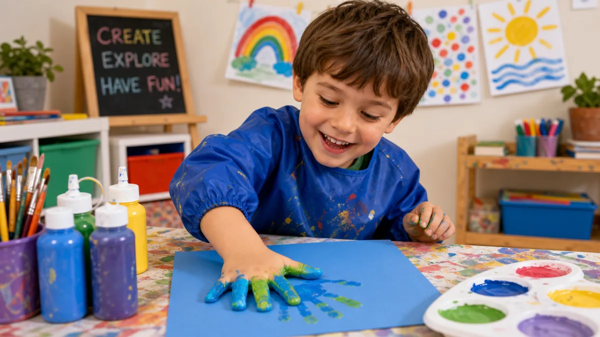 a cheerful child pressing a painted hand onto blue paper at a…
