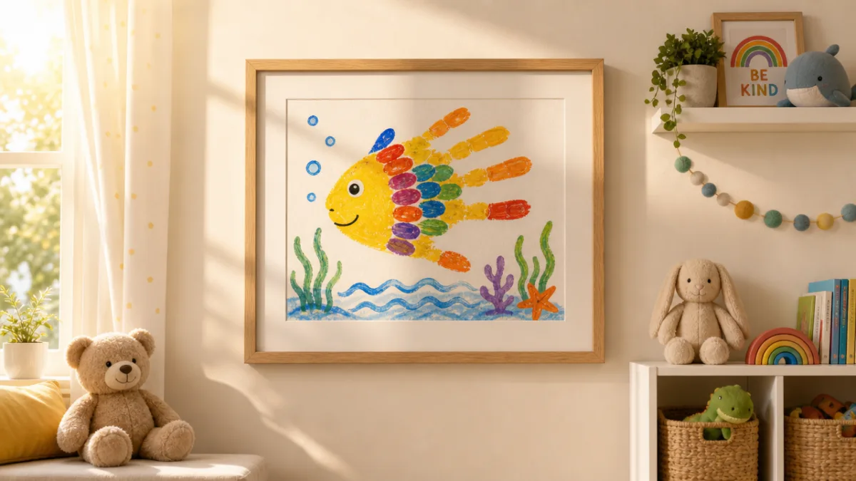 a framed colorful handprint fish artwork displayed on a bright nursery wall,…