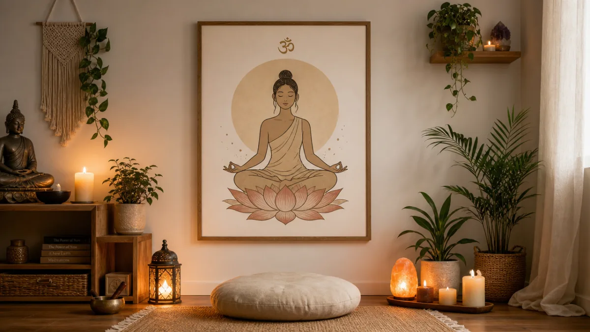 a serene home meditation corner with lotus pose illustration art on a…