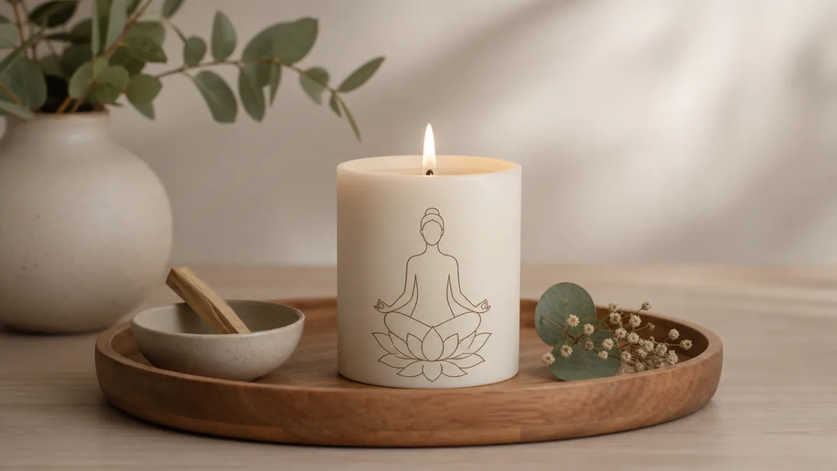 a minimalist candle with lotus pose illustration on a wooden tray, soft…