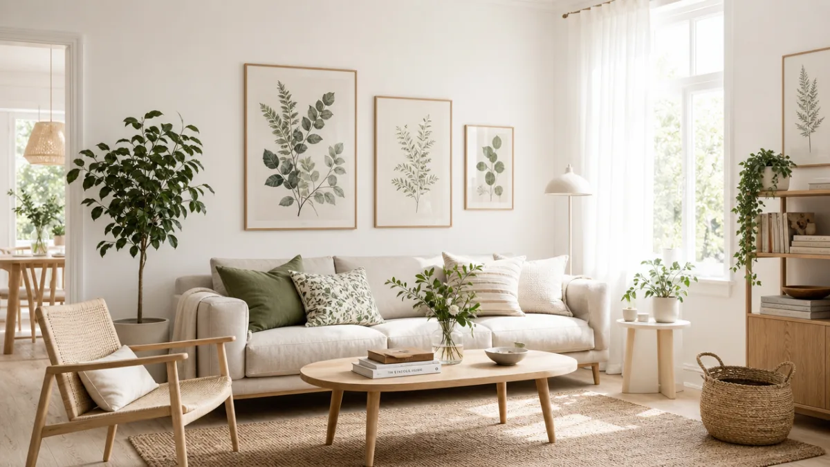 a bright Scandinavian-style living room with botanical prints on white walls, soft…