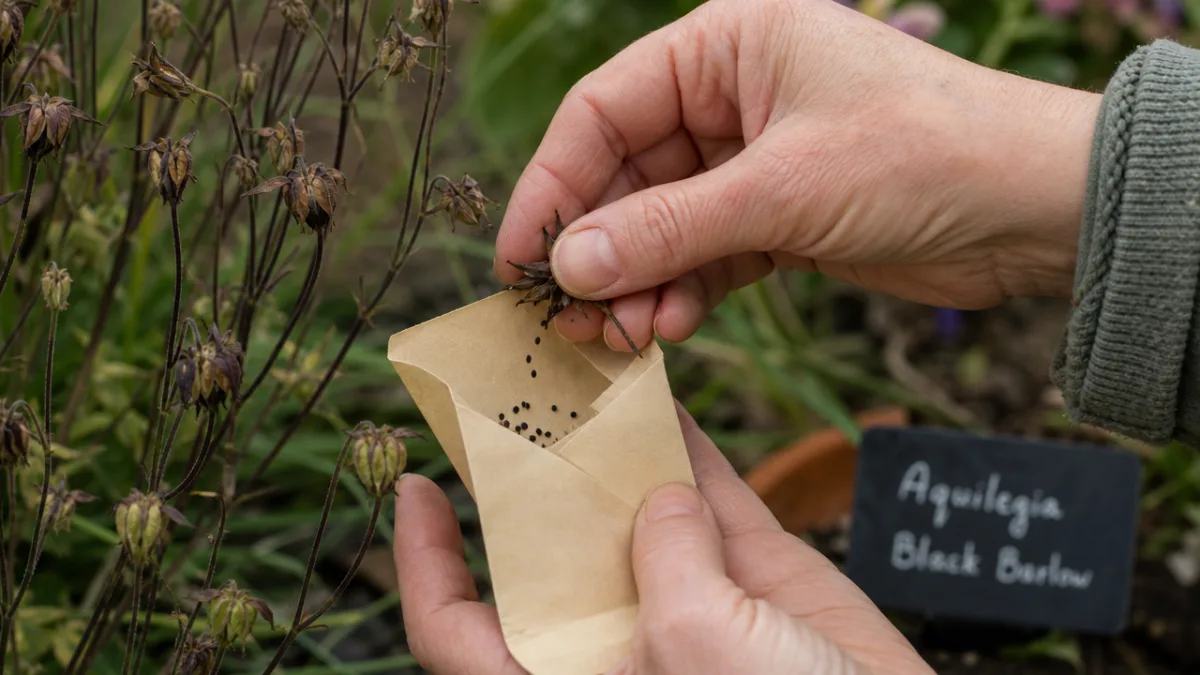 gardening hands carefully collecting tiny black columbine seeds into a paper envelope,…