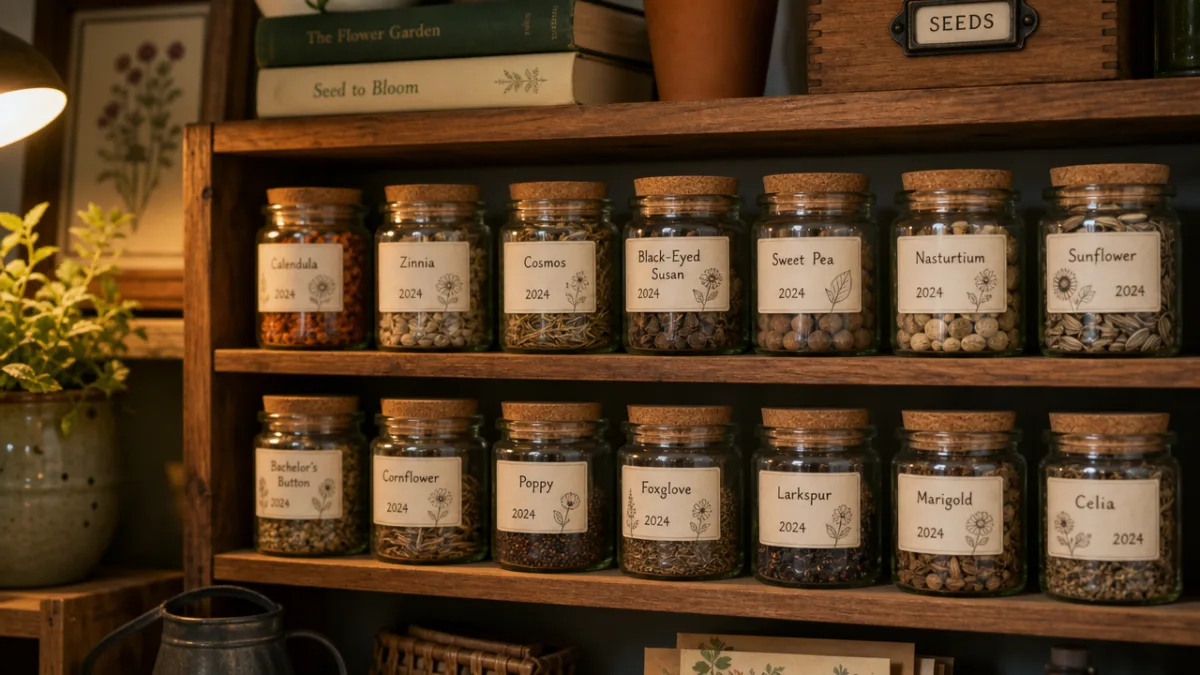 small glass jars of saved flower seeds labeled and organized on a…