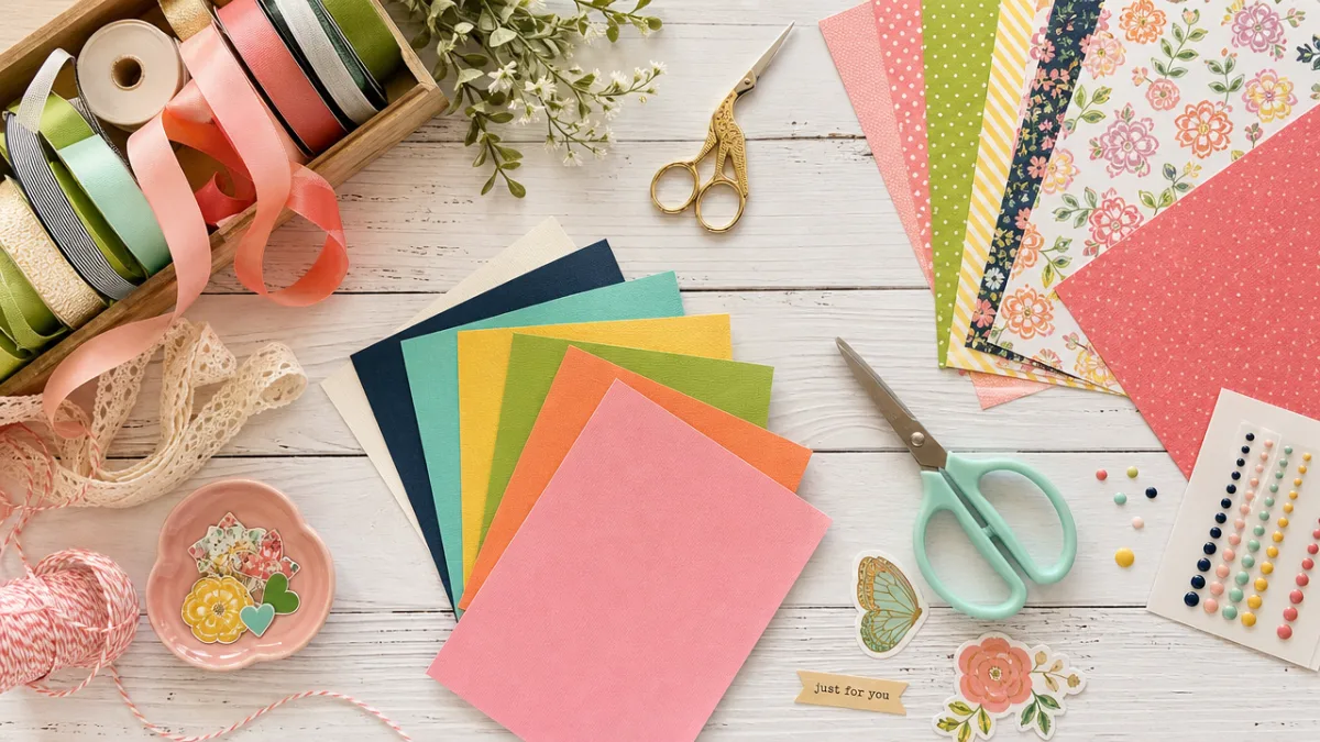 a flat lay of colorful craft supplies including ribbons, cardstock, scissors, and…