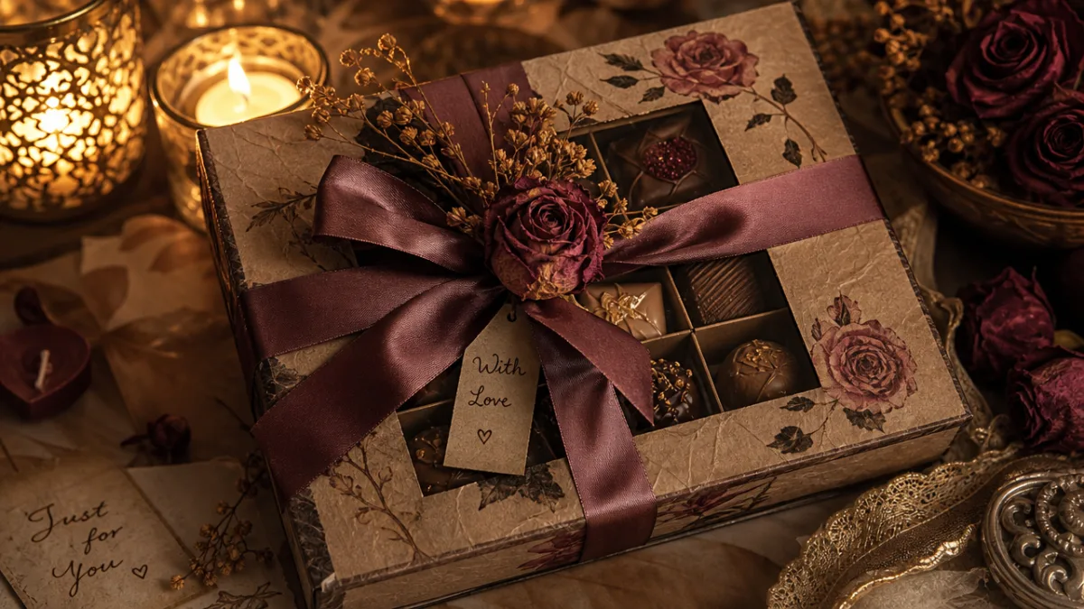 a beautifully decorated handmade chocolate box tied with a satin ribbon and…