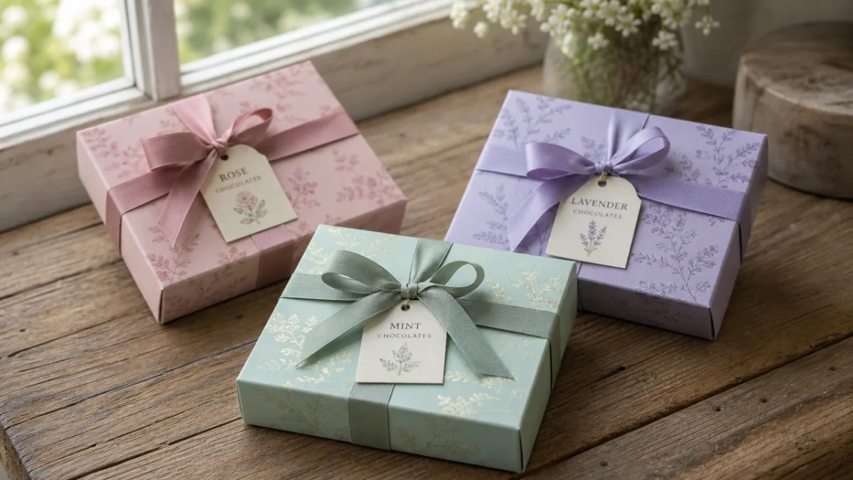a collection of three finished handmade chocolate boxes in pastel colors arranged…