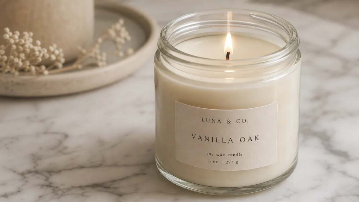 a close-up of a cream-colored soy wax candle in a glass jar…