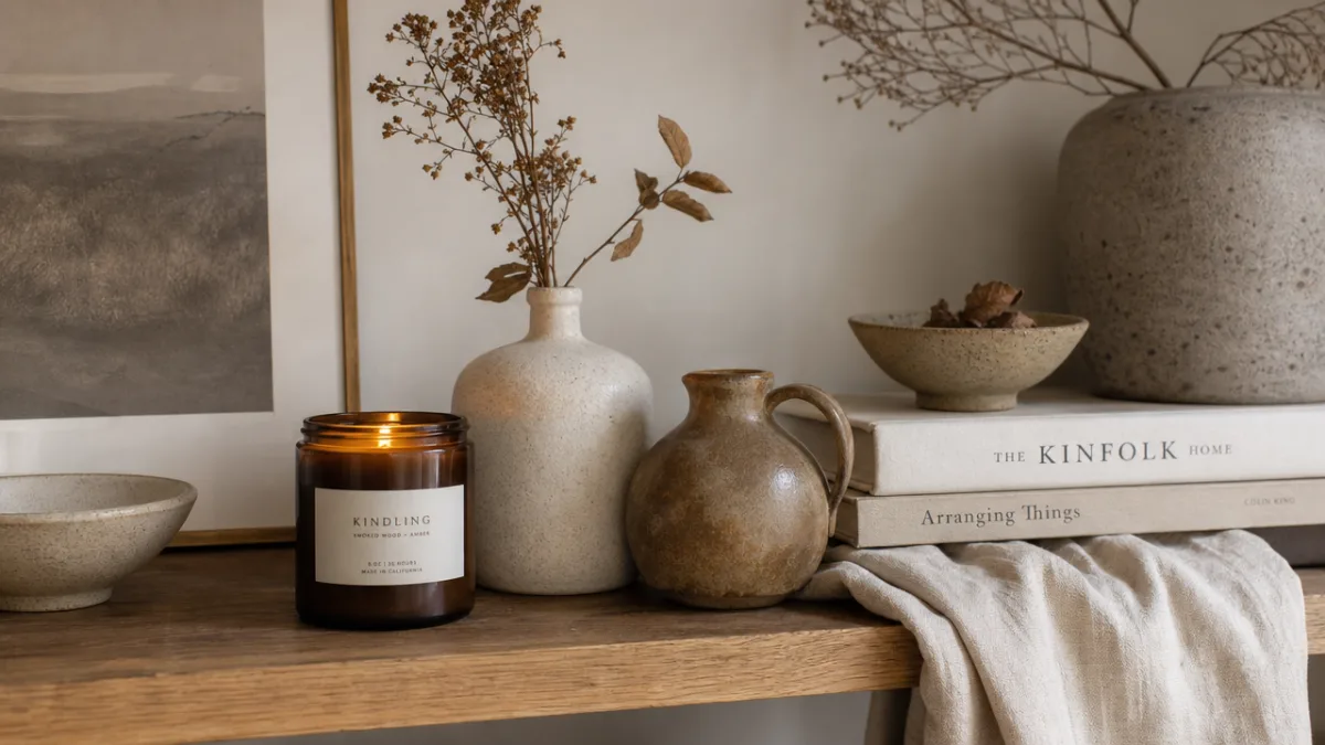 a styled home shelfscape with the candle, small ceramic vessels, dried botanicals,…