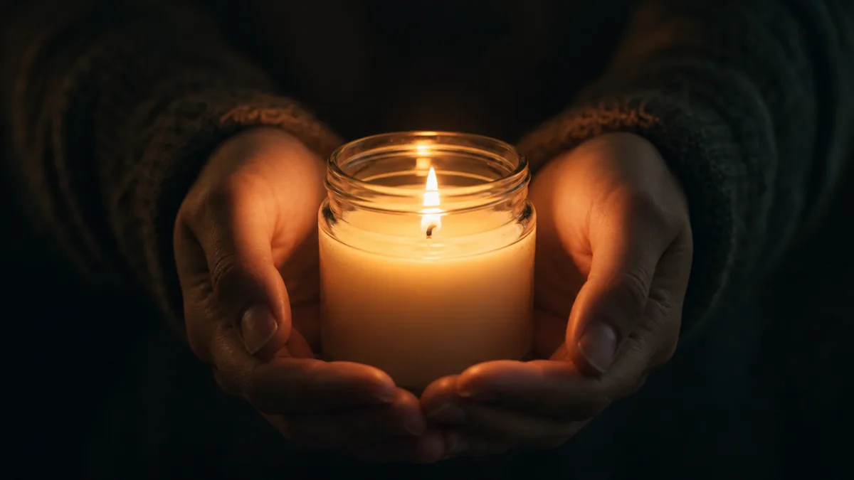 a person's hands cupping a lit candle in a glass jar, soft…