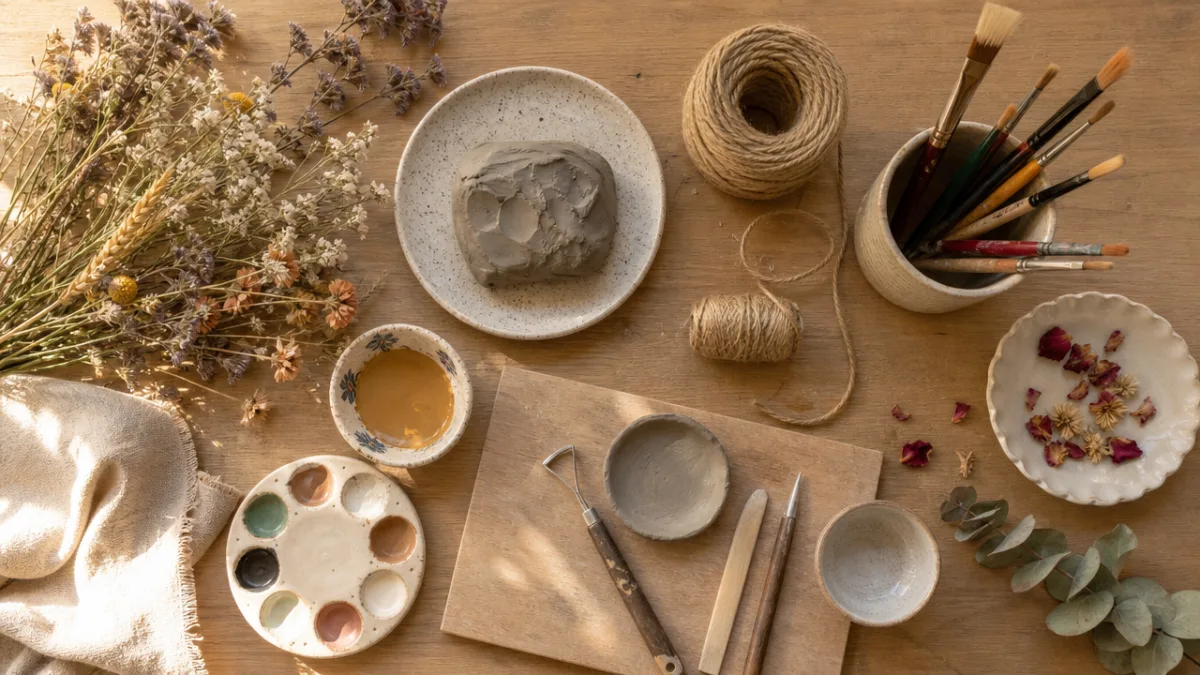 a flat lay of craft supplies including clay, rope, paint brushes and…