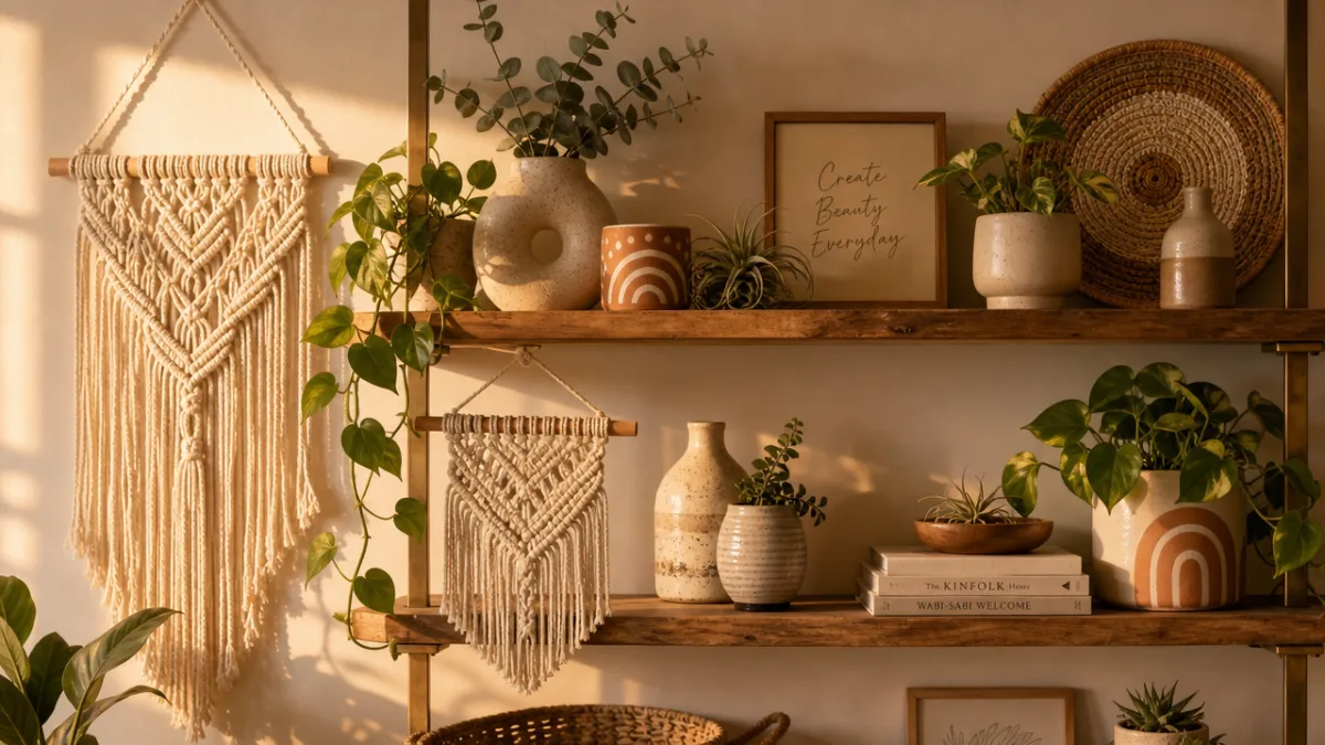 a styled shelf display featuring handmade macramé, ceramic vases and potted plants,…