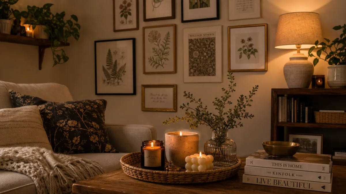 a cozy styled living room corner with gallery wall of botanical prints…