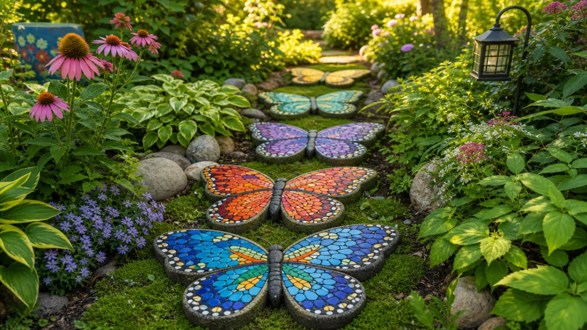 colorful mosaic butterfly stepping stones arranged on a lush green garden path,…