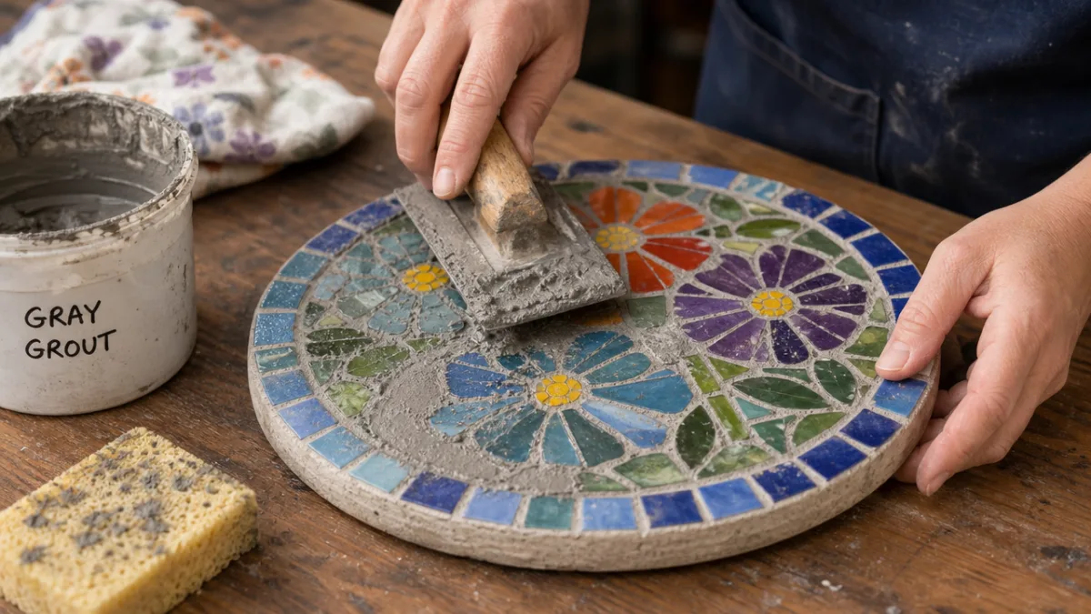 hands carefully applying grout to a colorful mosaic tile stepping stone on…