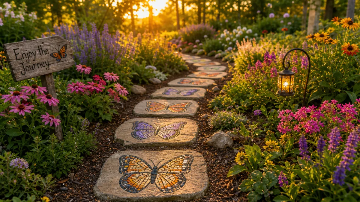 a winding garden path lined with colorful butterfly mosaic stepping stones surrounded…