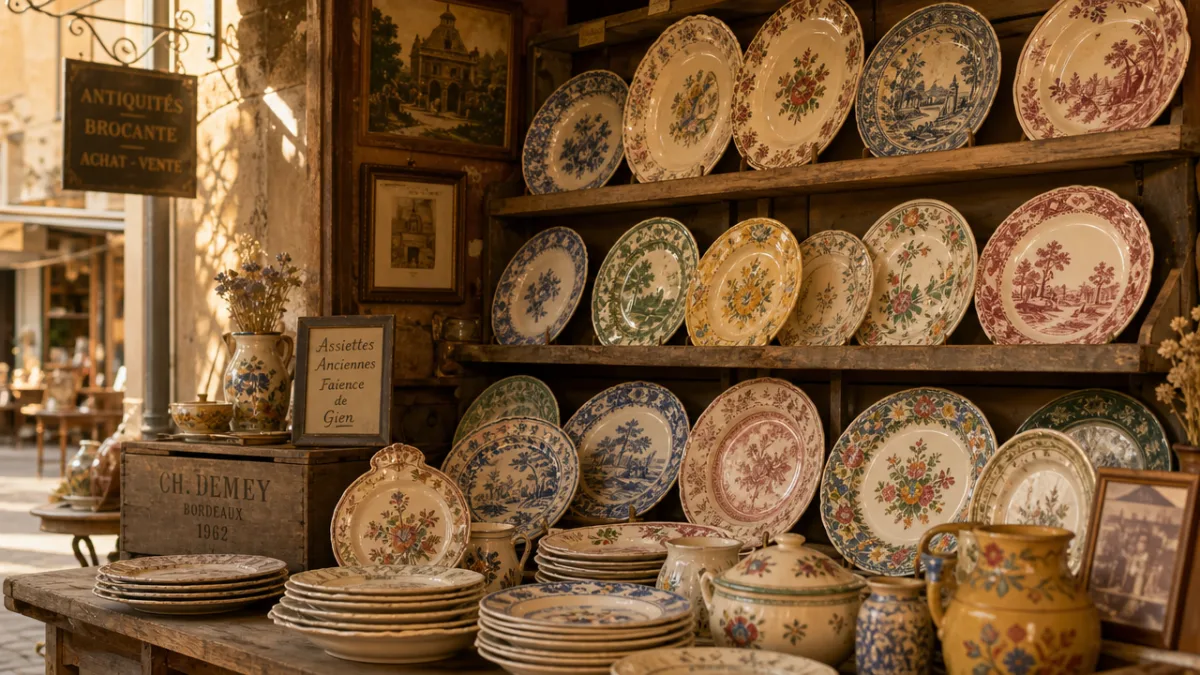 a warmly lit antique market stall displaying rows of colorful vintage ceramic…