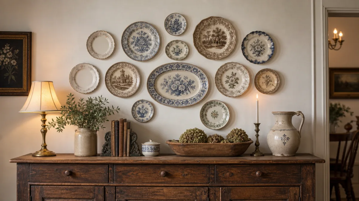 an elegantly arranged vintage plate wall above a rustic wooden sideboard, warm…