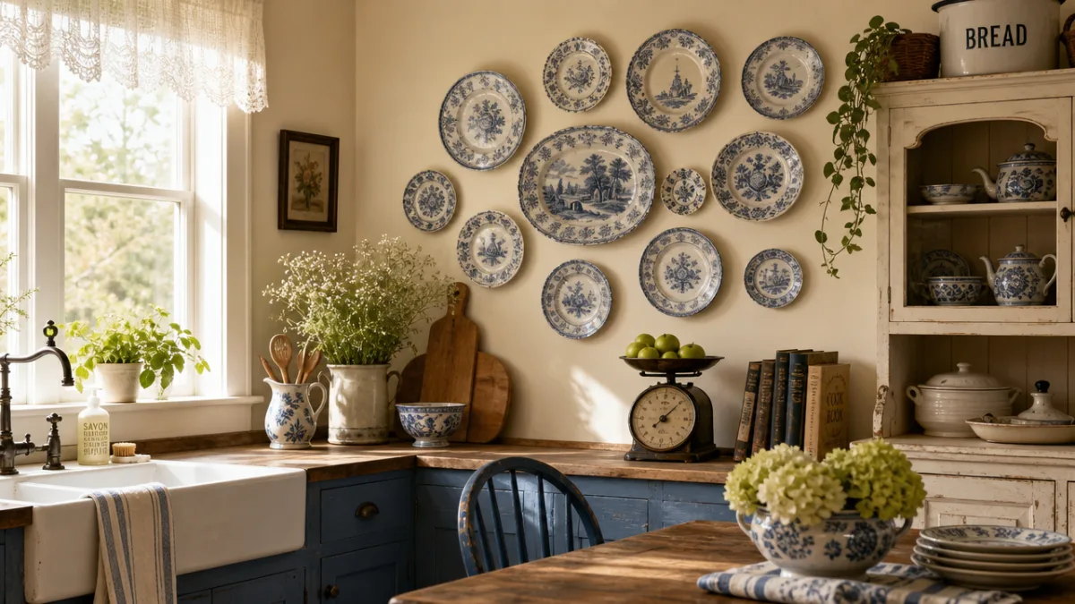 a cozy vintage farmhouse kitchen with blue and white plates arranged on…
