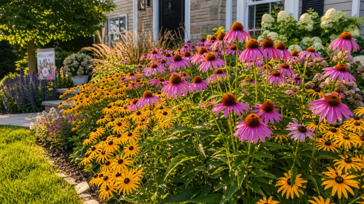 a vibrant sunny front yard garden bed bursting with purple coneflowers and…