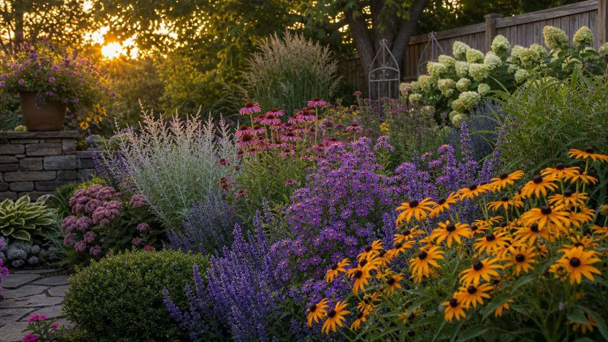 a layered backyard perennial garden in late summer bloom with purple asters…