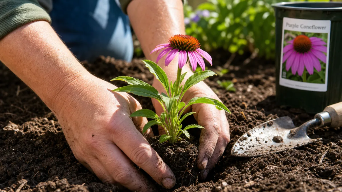 close-up of gardener's hands planting a purple coneflower seedling in rich garden…