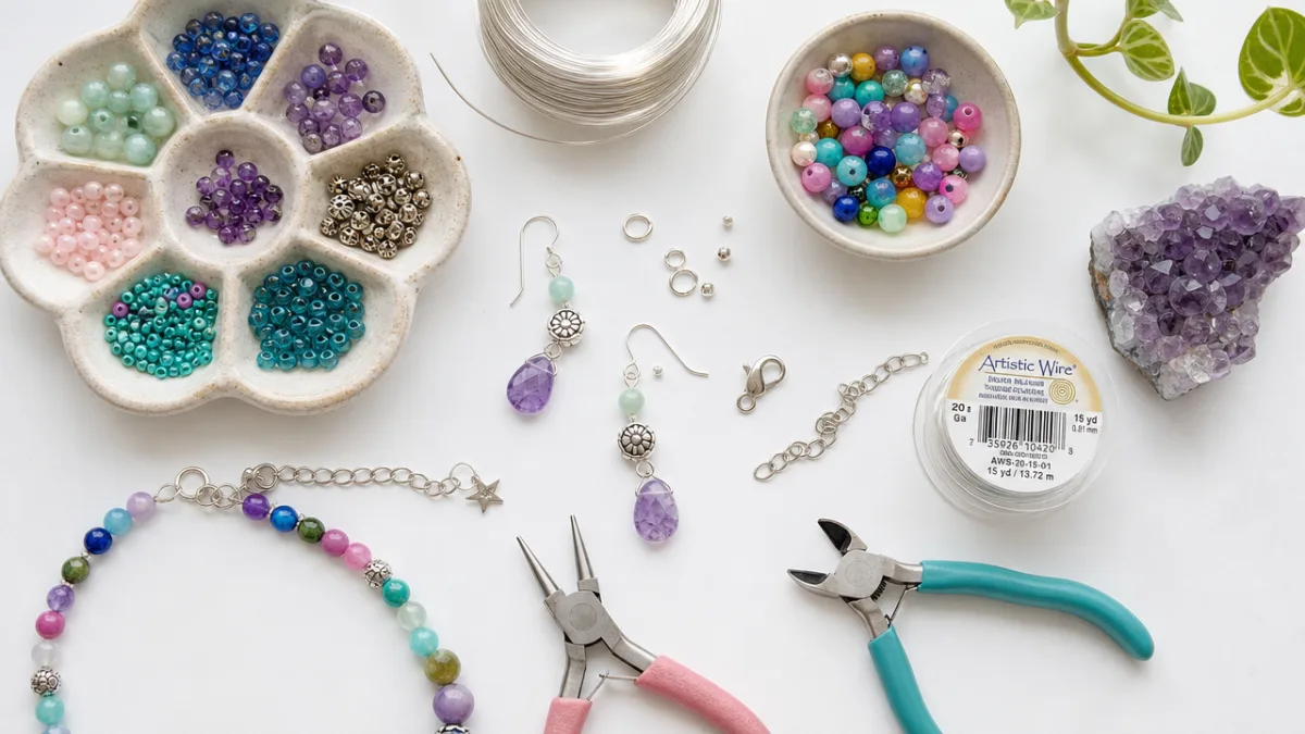 a flat lay of colorful beads, silver wire, and jewelry-making tools on…