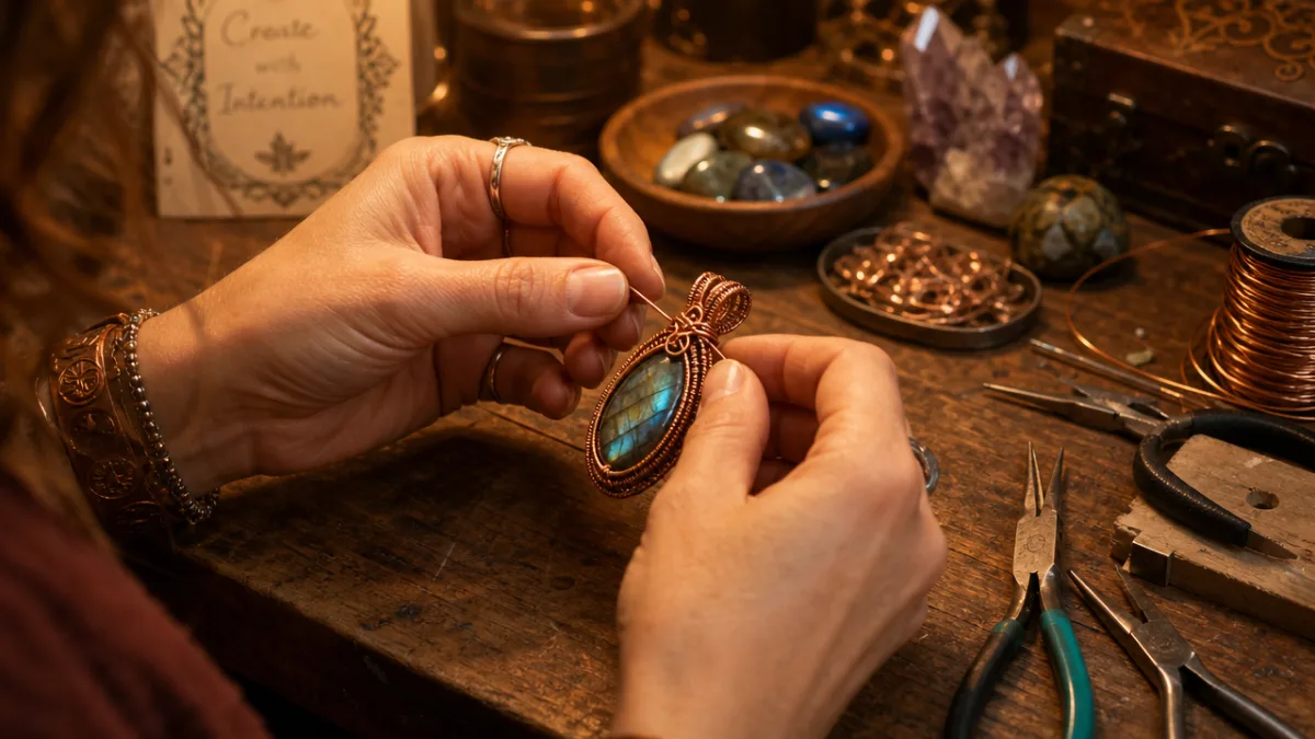 a woman's hands crafting a wire-wrapped pendant on a wooden workbench, warm…