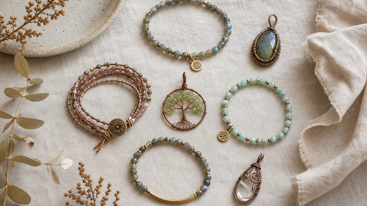 an elegant flat lay of handmade beaded bracelets and wire pendants arranged…