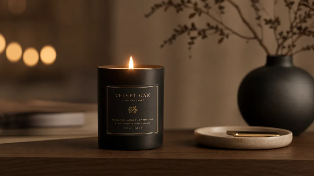 a luxury scented candle on a minimalist wooden surface with soft warm…