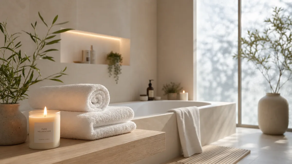 a serene bathroom spa setting with a lit candle, white towels, and…