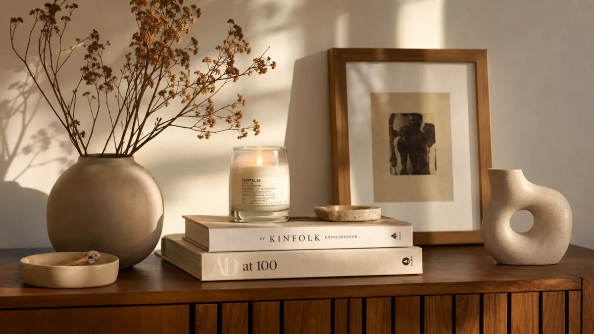 a styled minimalist home vignette with candle, ceramic objects, dried botanicals, and…
