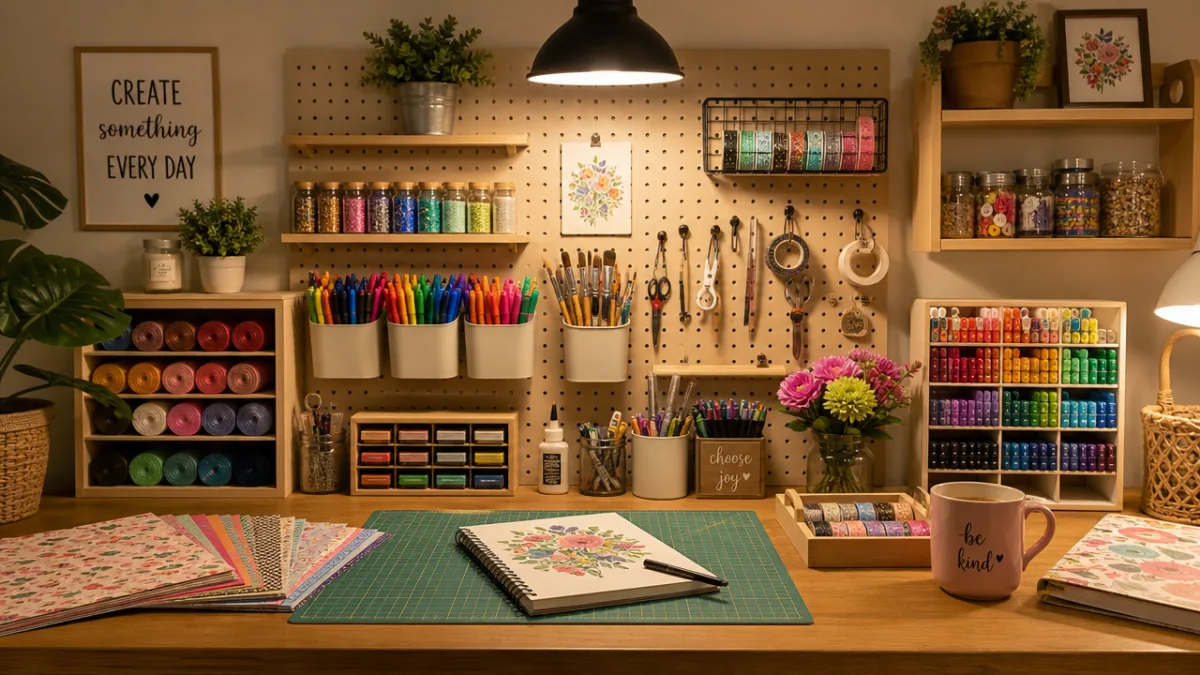a neatly organized craft workspace with colorful art supplies, warm overhead lighting…