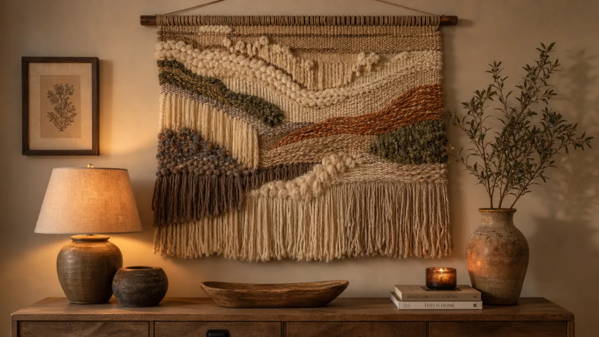 a richly textured handmade wall hanging displayed above a wooden console table,…
