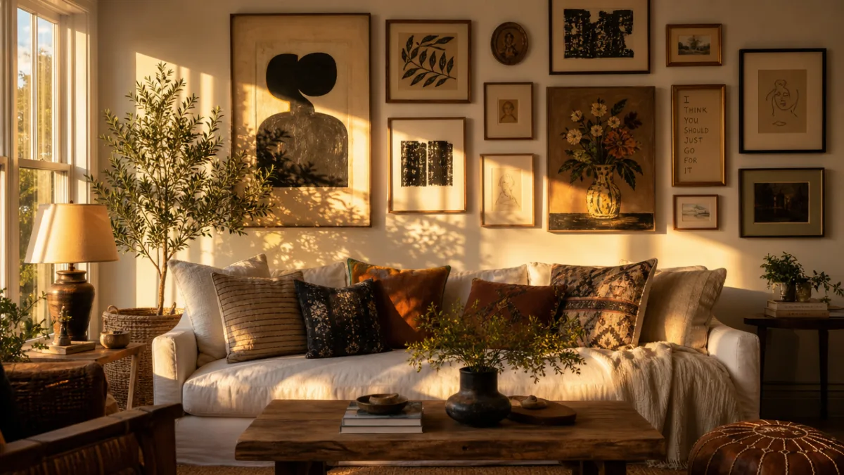 a beautifully styled living room gallery wall with handmade art pieces, golden…