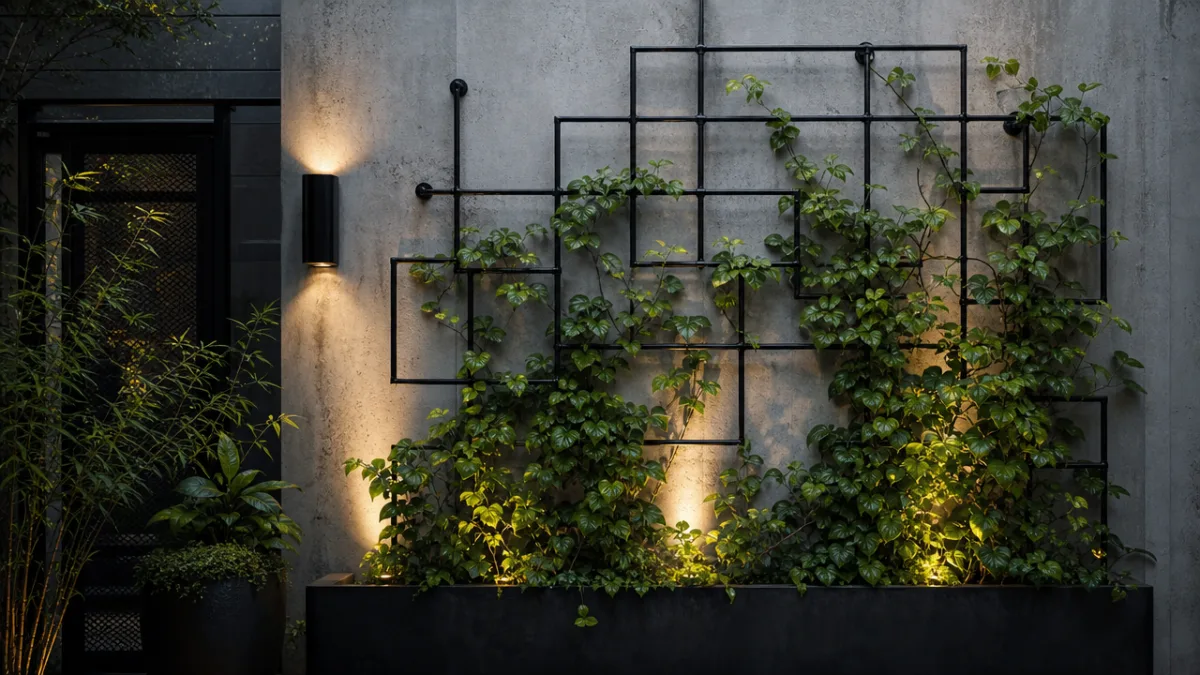a sleek urban garden wall with a geometric black steel pipe trellis…