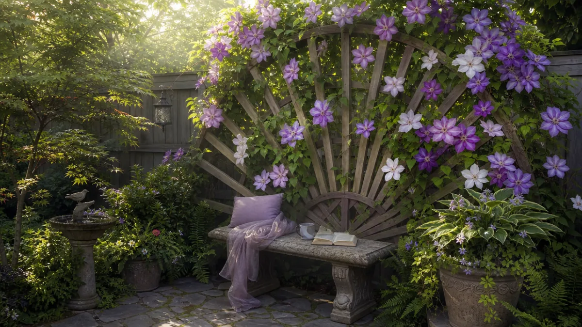 a beautifully decorated garden corner with a fan-shaped wooden trellis covered in…