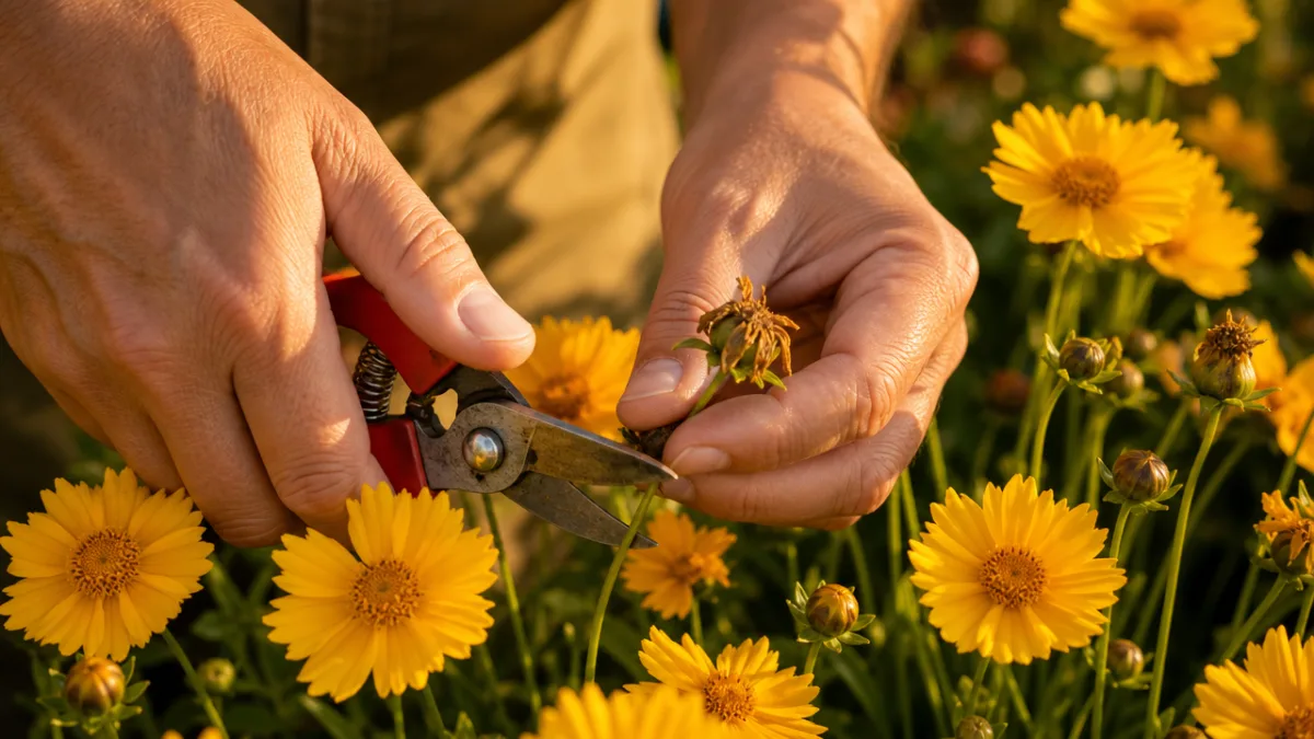 close-up of gardener's hands using pruning shears to deadhead bright yellow coreopsis…