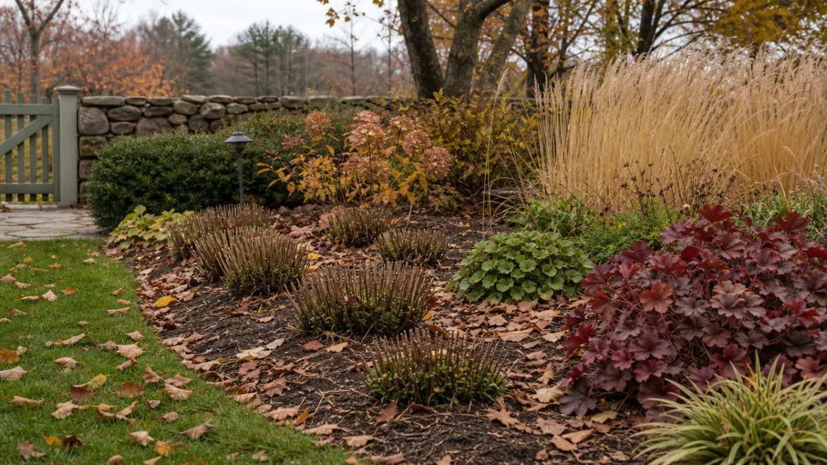a tidy autumn garden bed with cut-back coreopsis plants, fallen leaves and…