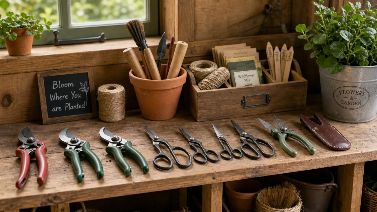 organized garden tool collection including pruning shears and scissors on a wooden…